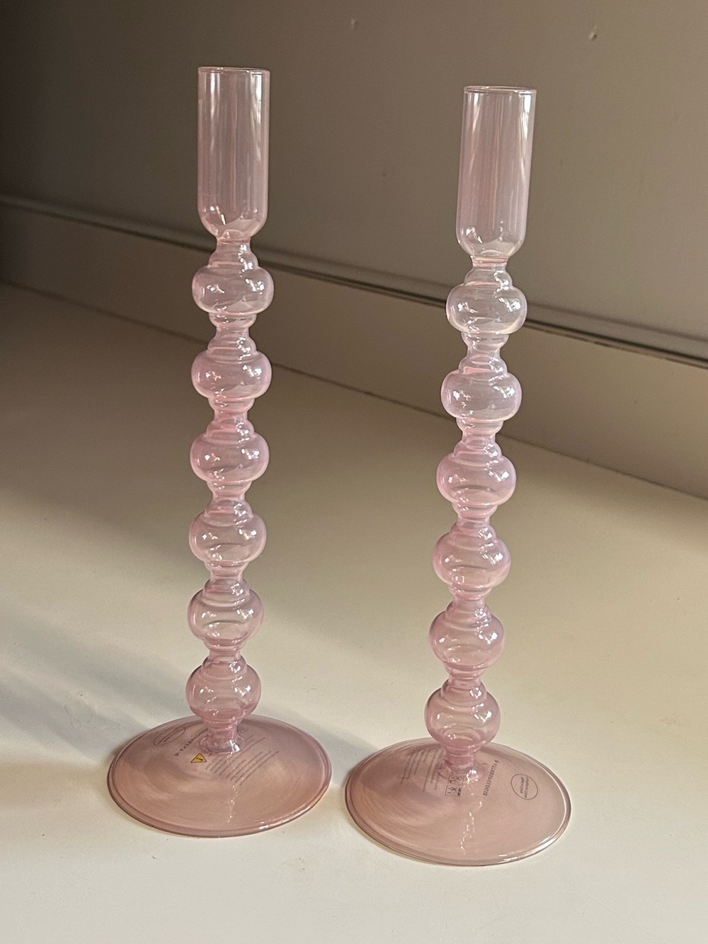 Anthropologie Pale Pink Bubble Glass Candlesticks Duo